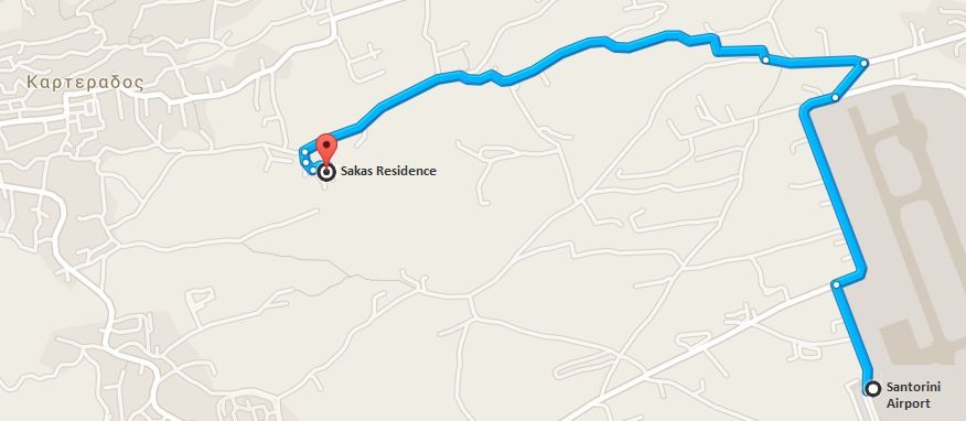 Directions to Sakas Residences

Sakas Residences is located in the village of Karterados, on the beautiful island of Santorini, Greece.

From Santorini International Airport (JTR), head northwest toward Fira. After approximately 3 km (about 5–7 minutes by