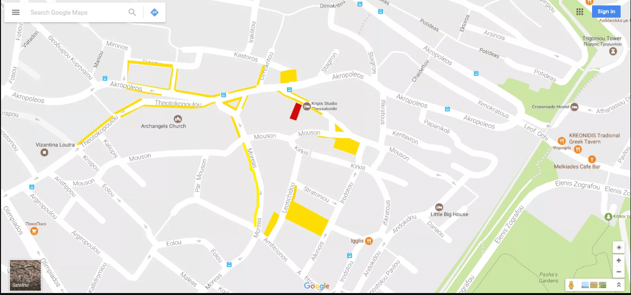 Parking in our area is free. You can park in the places with the yellow color