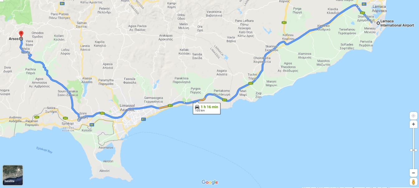 Route from Larnaca Airport to Arsos, Limassol district.