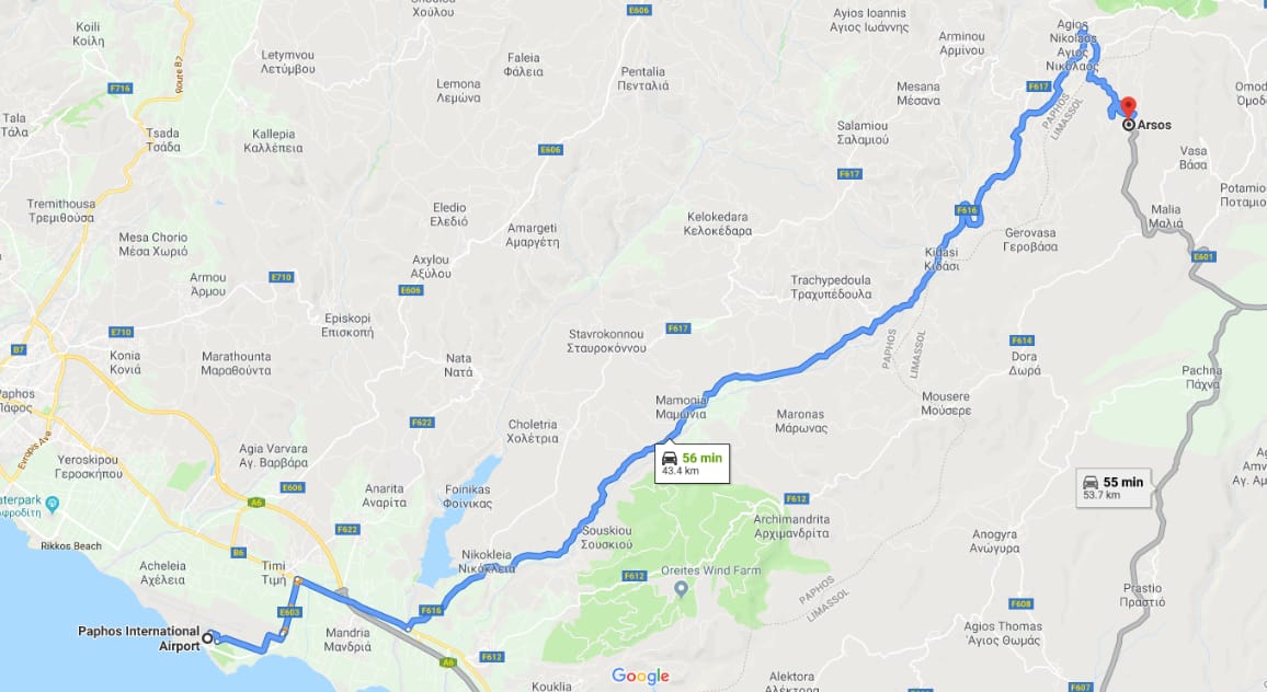 Route from Paphos Airport to Arsos, Limassol district.