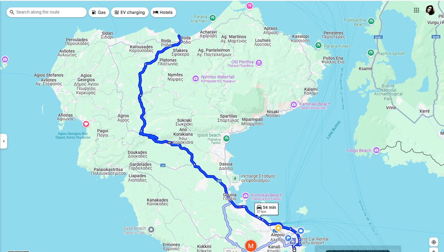 he attached image is a map showing the driving route from Corfu International Airport (Ioannis Kapodistrias Airport) to the Aphrodite Beachfront Hotel in Roda, Corfu. The route covers a distance of approximately 37 kilometers and takes around 54 minutes b