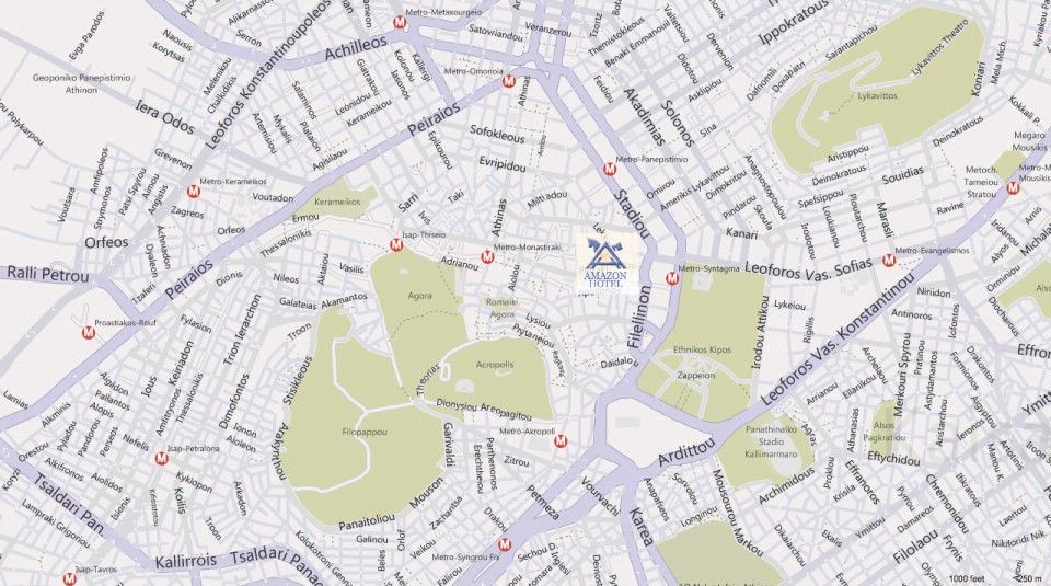 Amazon Hotel Athens - Area Road Map : Acropolis, National Gardens, The Greek Parliament, Lycabettus Hill, Syntagma sq., Business district, Athens shopping area