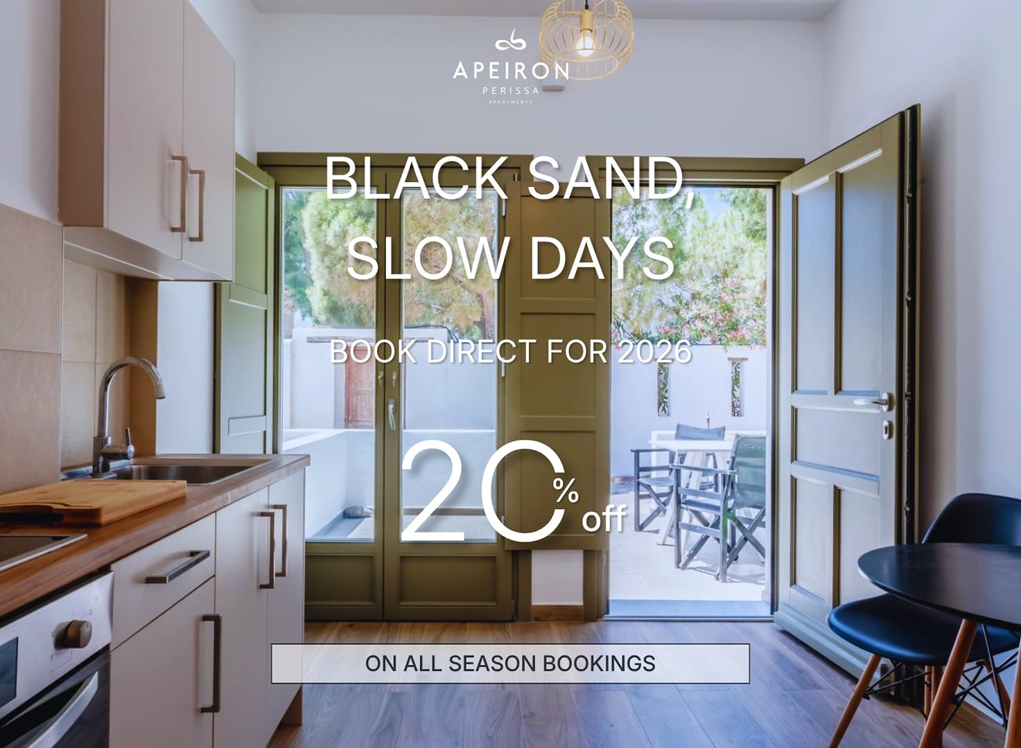 Apeiron Perissa — Black sand, slow days, 20% off direct bookings for 2026