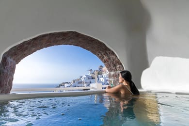 Marine Cave Pool Suite with OutdoorHeated Cave Pool| Panoramic Sea-Caldera & Direct Sunset Views