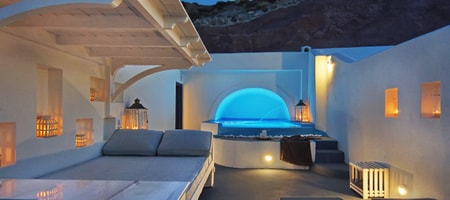 Cave Pool Suite with private cave pool indoor couples Jacuzzi and private panoramic terrace with sea/volcano/caldera views