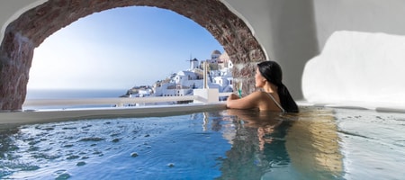 Marine Cave Pool Suite with OutdoorHeated Cave Pool| Panoramic Sea-Caldera & Direct Sunset Views